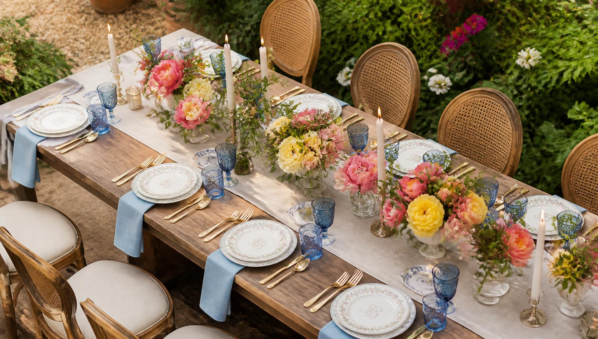 Elegant garden party tablescape with colorful florals and blue glassware