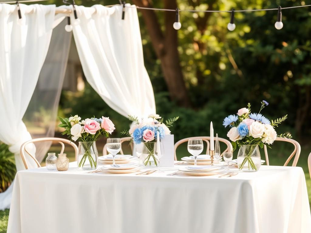 Garden gender reveal table with pink and blue floral arrangements and white linens