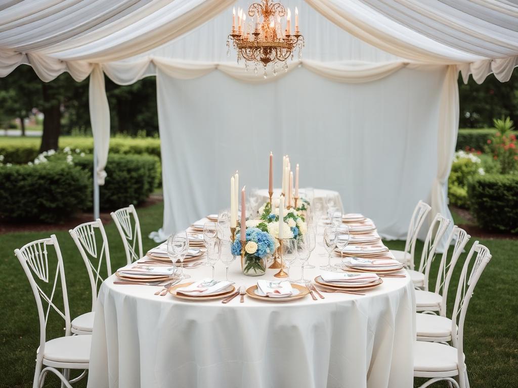Baby shower table under a white tent with blue and white florals and candlelight