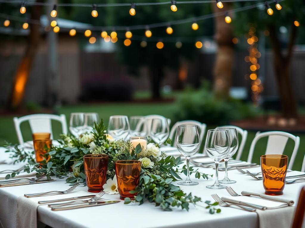Retirement dinner table with greenery runner, amber glassware, and string lights