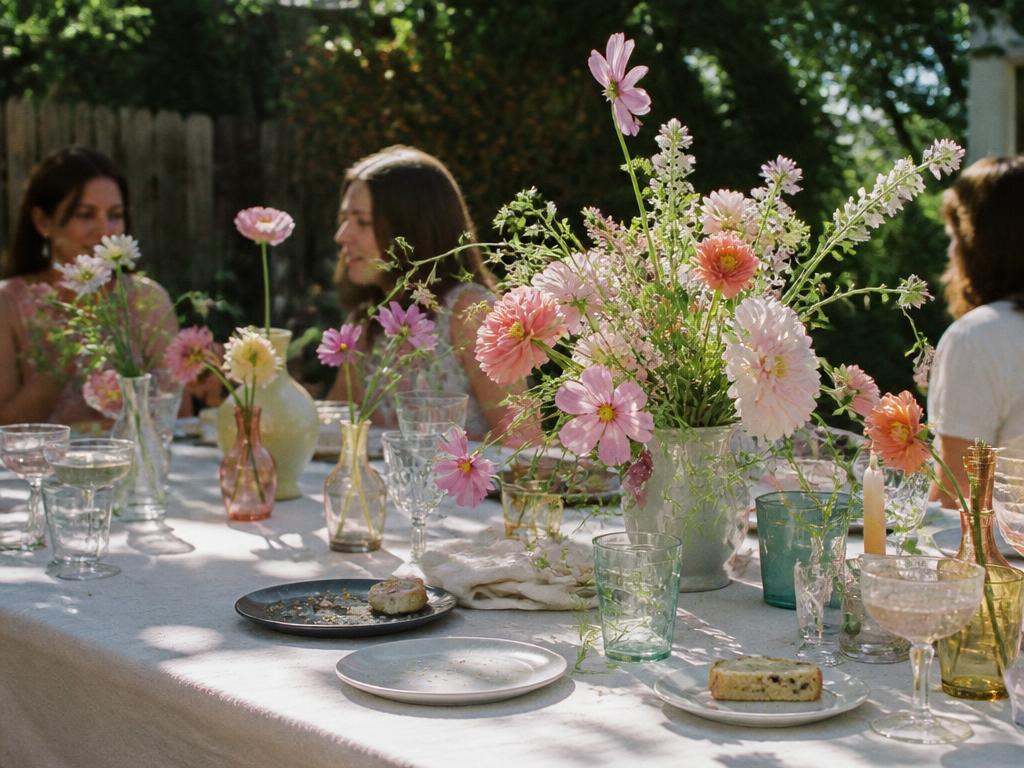 Backyard bridal shower table with loose garden flowers in mismatched vases and vintage glassware